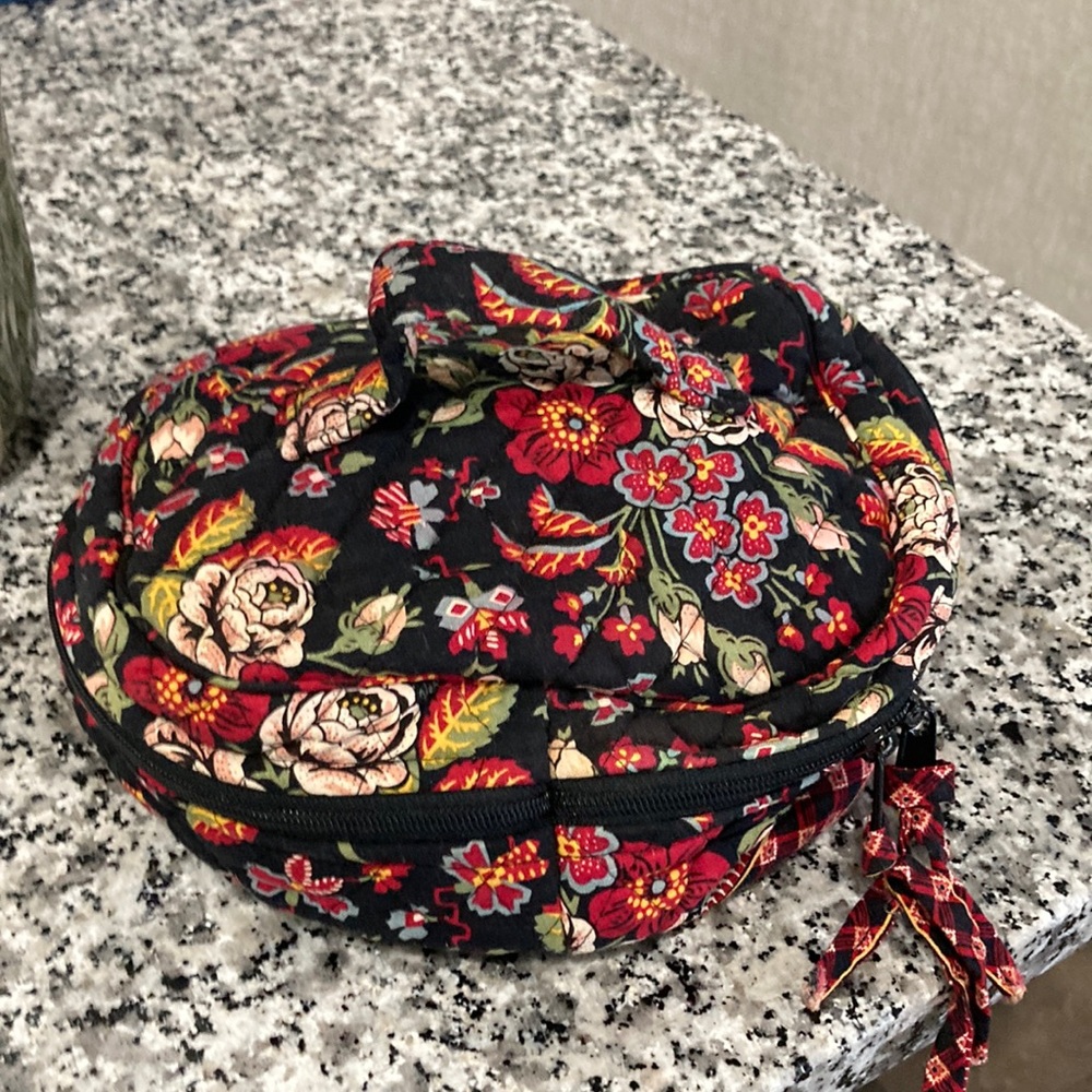 Vera Bradley Black Floral Quilted Cosmetic Case with Red & Cream Flowers